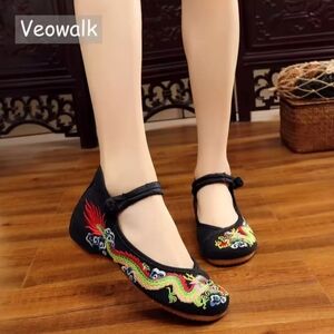 Black Embroidered Flats with Dragon Design